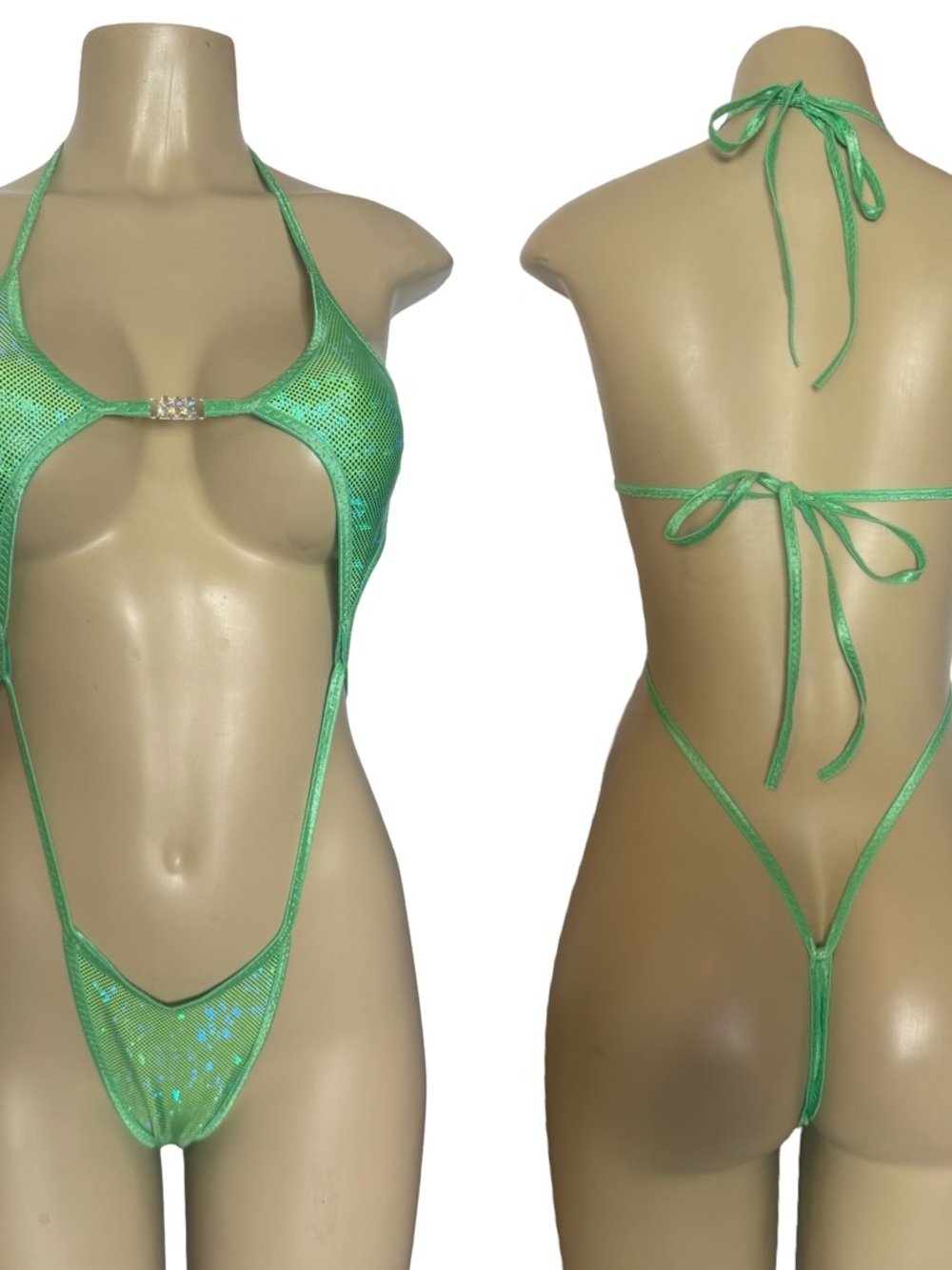 Shimmer Green Micro Cutout Bikini with Rhinestone Accent